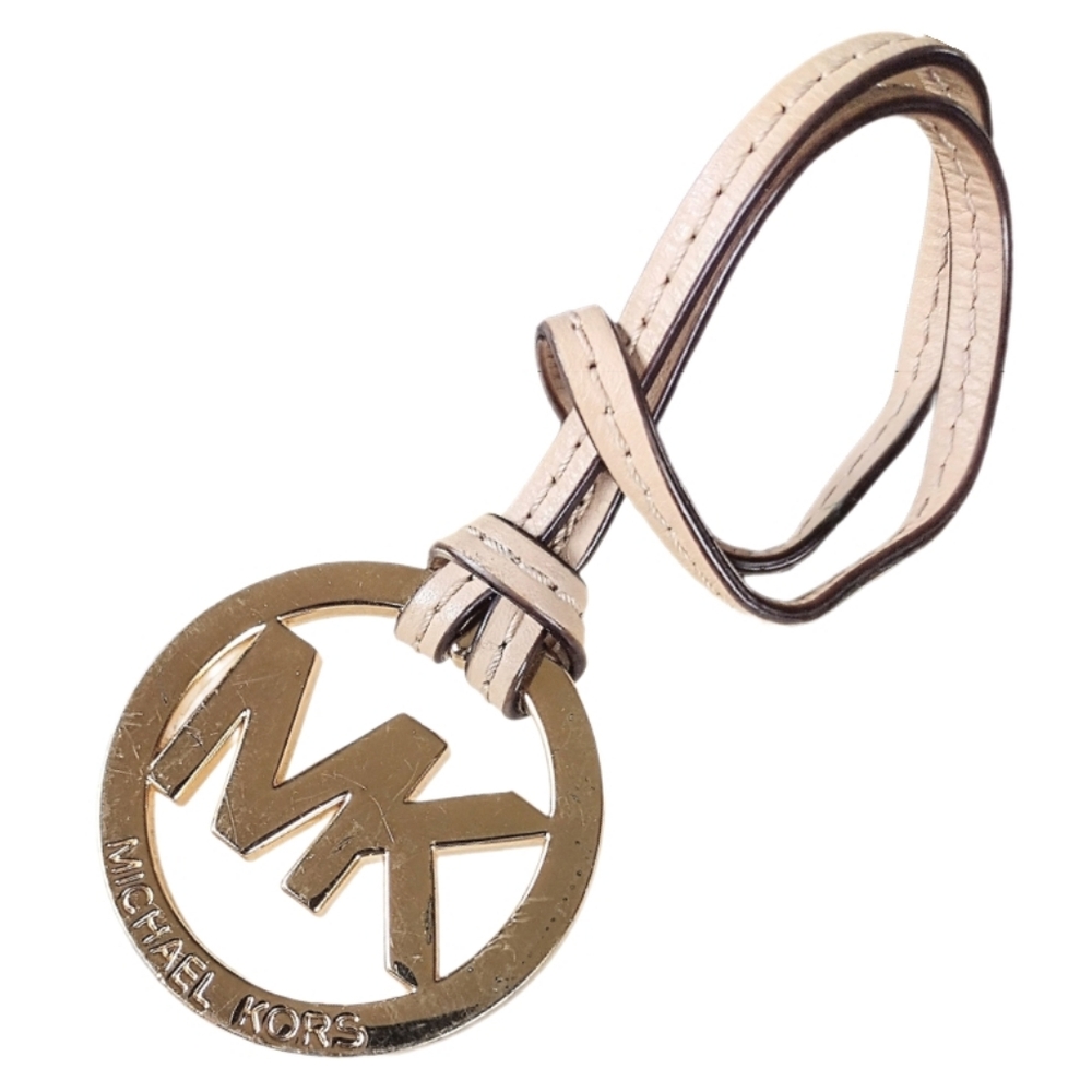 😍 MK Michael Kors Cream Putty Gold Brass Logo Hangtag Bag Fob Charm Keychain